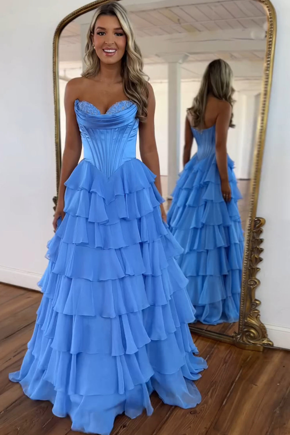 Spark Blue Corset Ruffled Long Formal Dress