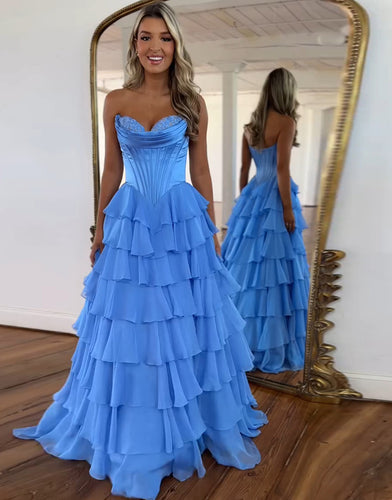 Spark Blue Corset Ruffled Long Formal Dress