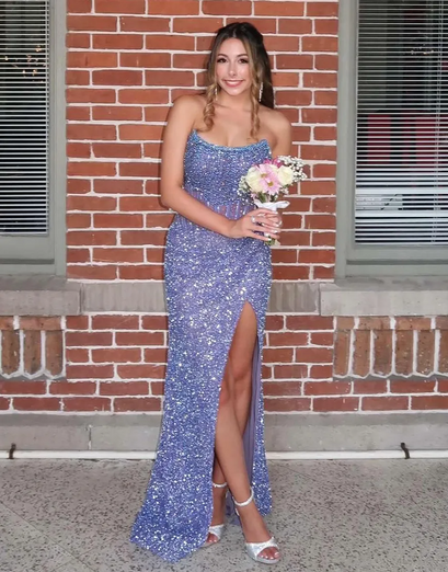 Sparkly Mermaid Royal Blue Strapless Long Formal Dress With Slit