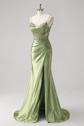 Floral Green Mermaid Corset Satin Long Formal Dress with Slit