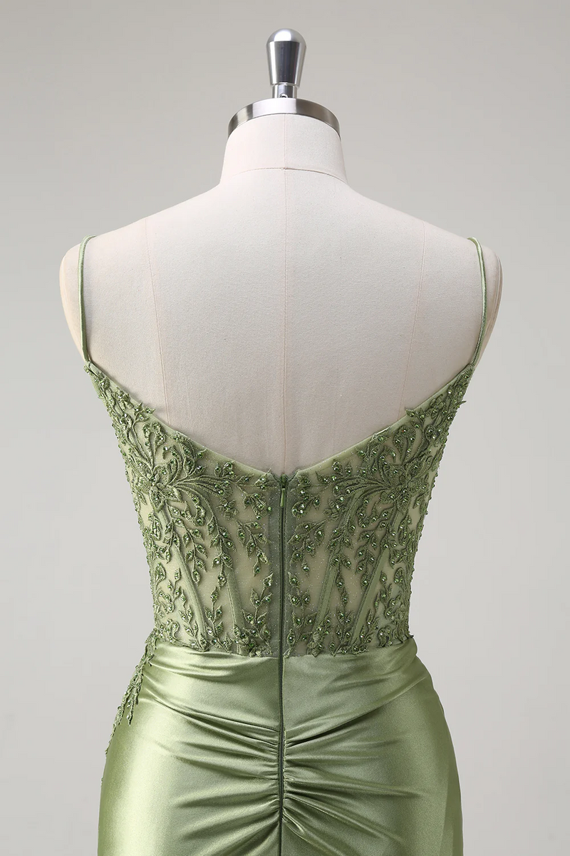 Load image into Gallery viewer, Floral Green Mermaid Corset Satin Long Formal Dress with Slit