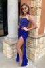 Load image into Gallery viewer, Sparkly Mermaid Royal Blue Strapless Long Formal Dress With Slit