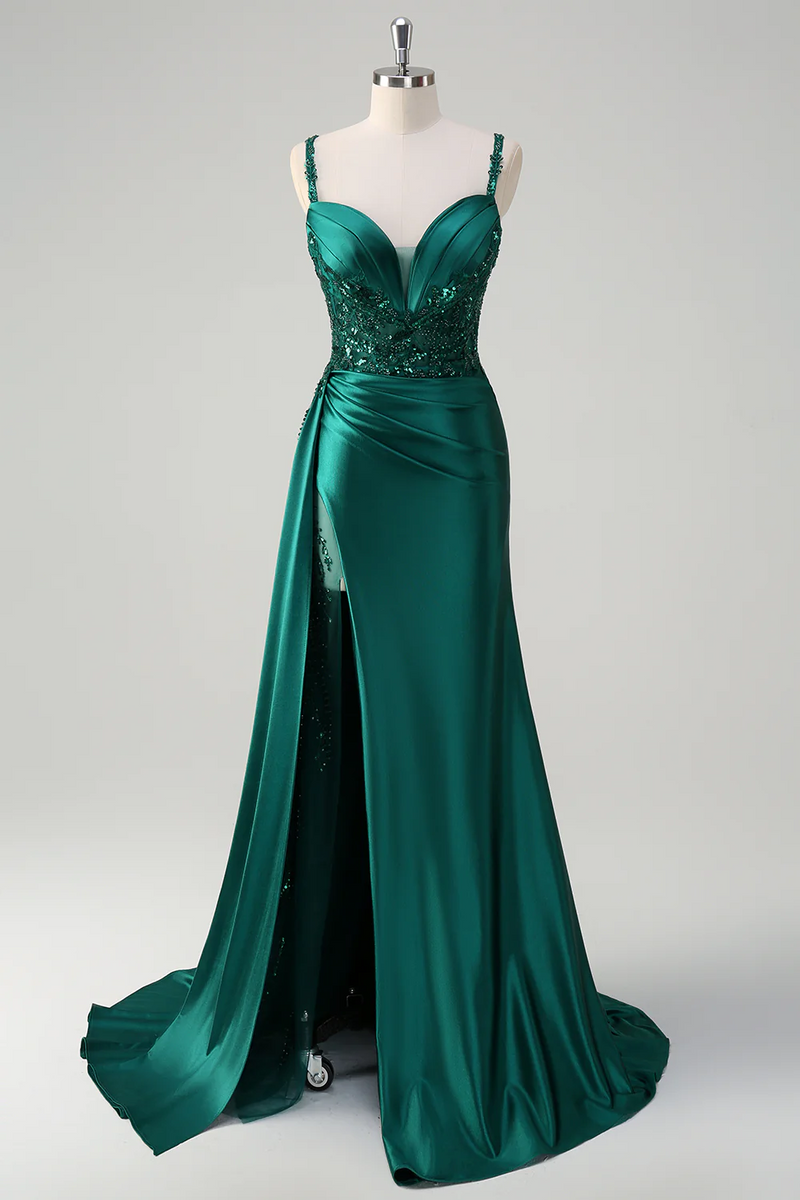 Load image into Gallery viewer, Sparkly Blue Mermaid Corset Satin Long Formal Dress with Slit