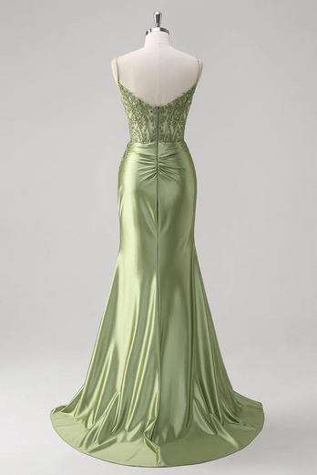 Floral Green Mermaid Corset Satin Long Formal Dress with Slit