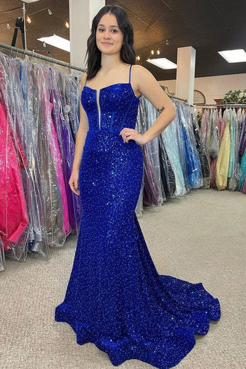 Sparkly Royal Blue Beaded Mermaid Corset Long Formal Dress