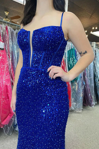 Sparkly Royal Blue Beaded Mermaid Corset Long Formal Dress