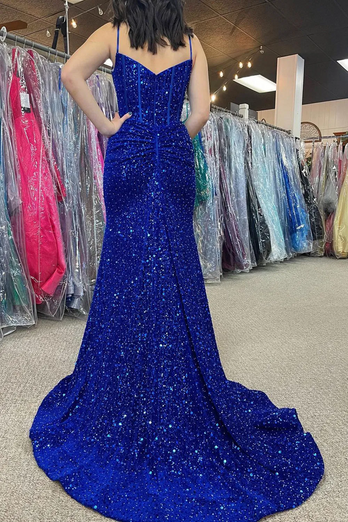 Sparkly Royal Blue Beaded Mermaid Corset Long Formal Dress