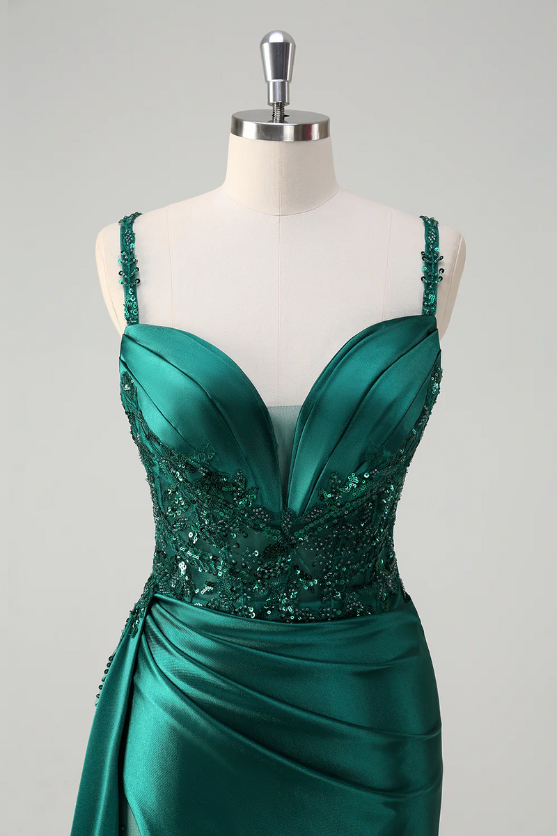 Load image into Gallery viewer, Sparkly Blue Mermaid Corset Satin Long Formal Dress with Slit