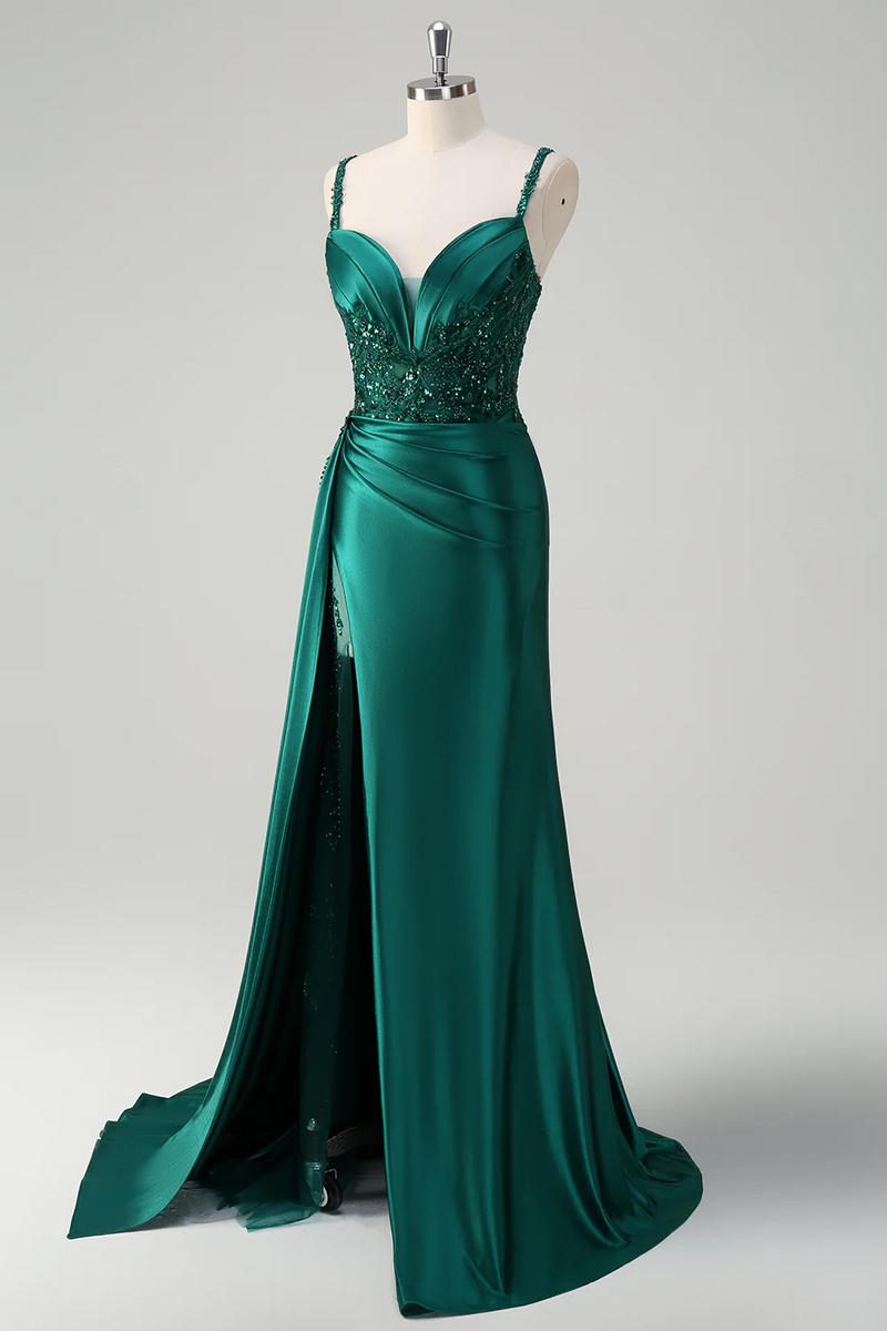 Load image into Gallery viewer, Sparkly Blue Mermaid Corset Satin Long Formal Dress with Slit