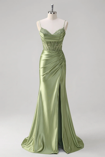 Floral Green Mermaid Corset Satin Long Formal Dress with Slit