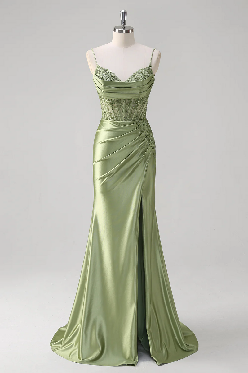 Load image into Gallery viewer, Floral Green Mermaid Corset Satin Long Formal Dress with Slit