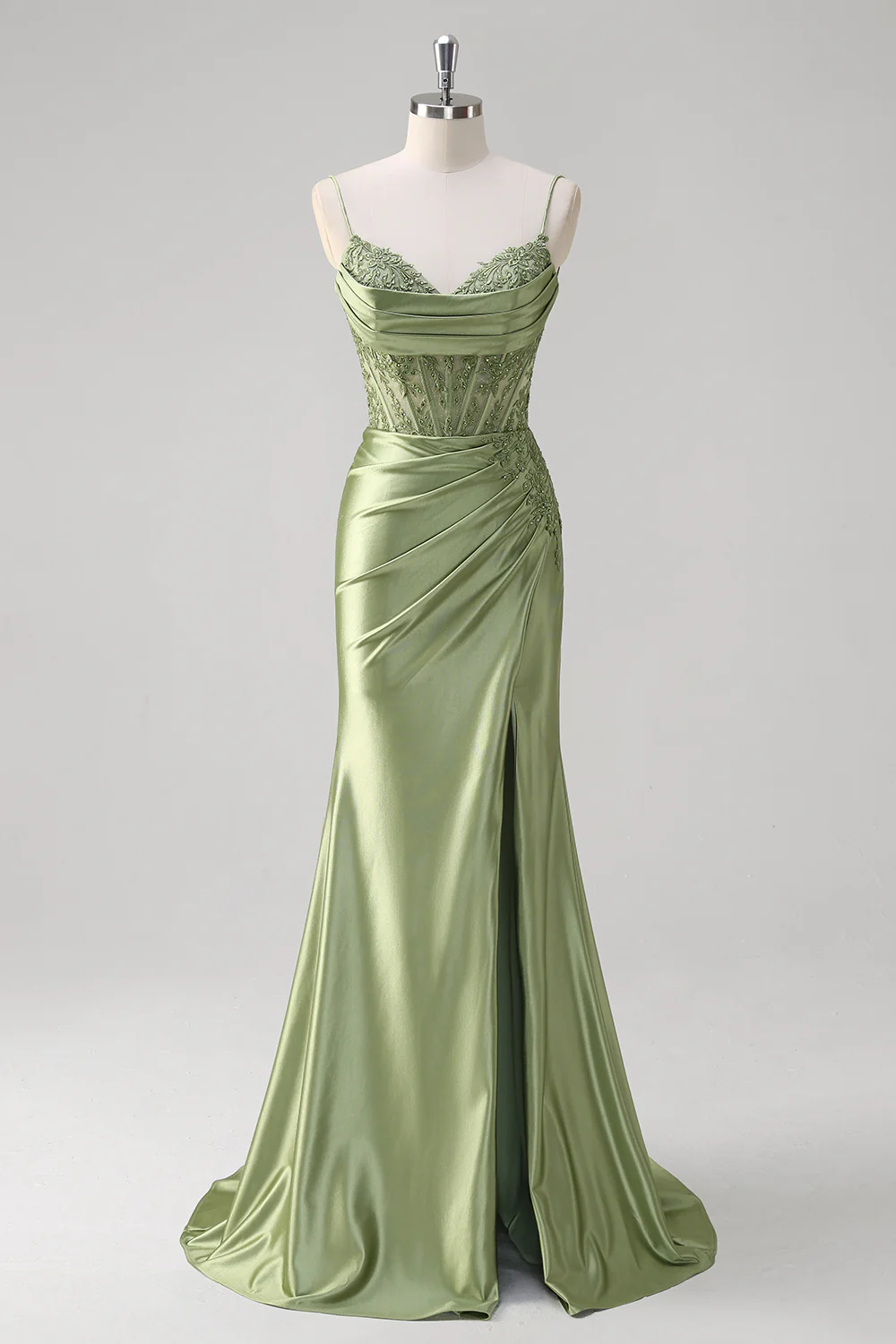 Floral Green Mermaid Corset Satin Long Formal Dress with Slit