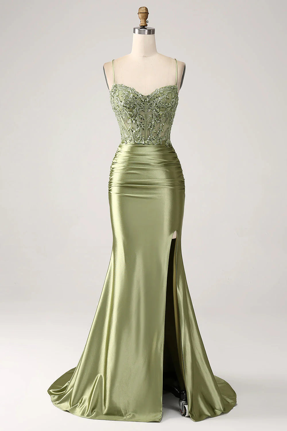 Sparkly Sage Mermaid Spaghetti Straps Long Formal Dress with Slit