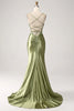 Load image into Gallery viewer, Sparkly Sage Mermaid Spaghetti Straps Long Formal Dress with Slit