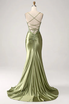 Sparkly Sage Mermaid Spaghetti Straps Long Formal Dress with Slit