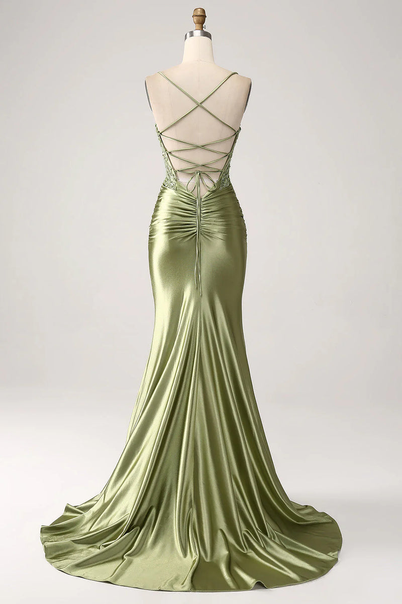 Load image into Gallery viewer, Sparkly Sage Mermaid Spaghetti Straps Long Formal Dress with Slit