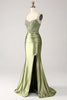 Load image into Gallery viewer, Sparkly Sage Mermaid Spaghetti Straps Long Formal Dress with Slit