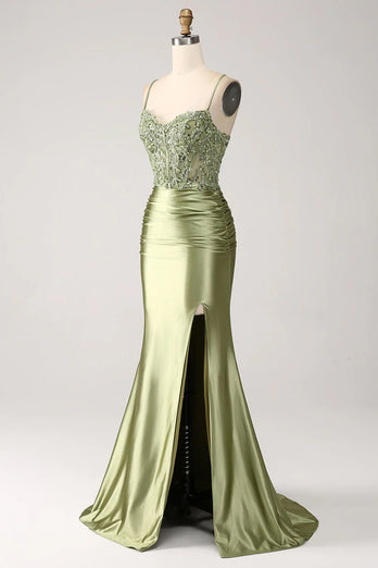 Sparkly Sage Mermaid Spaghetti Straps Long Formal Dress with Slit