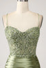 Load image into Gallery viewer, Sparkly Sage Mermaid Spaghetti Straps Long Formal Dress with Slit