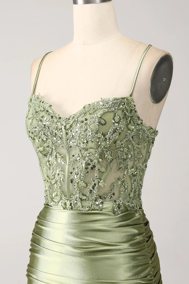 Load image into Gallery viewer, Sparkly Sage Mermaid Spaghetti Straps Long Formal Dress with Slit