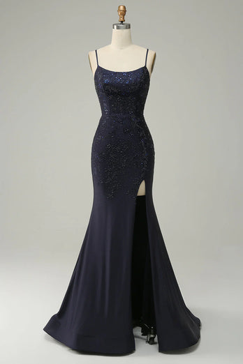 Sparkly Navy Spaghetti Straps Beaded Long Formal Dress with Slit