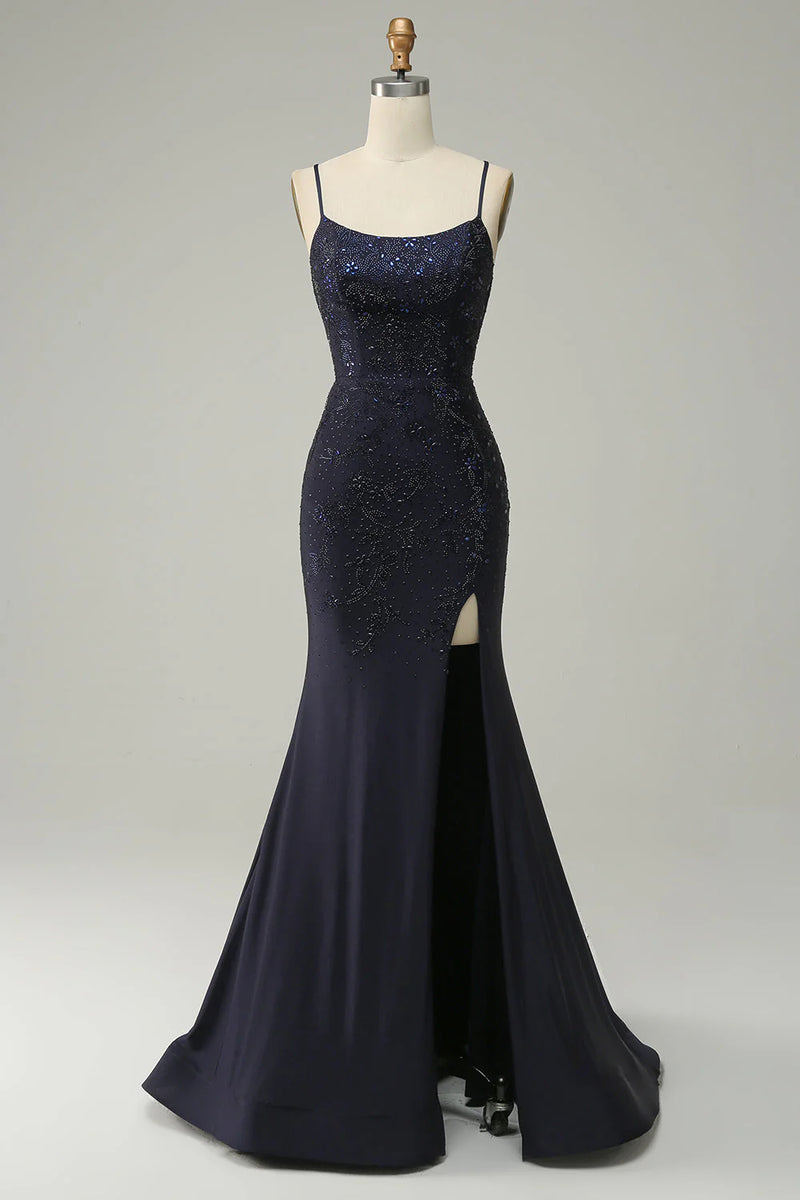 Load image into Gallery viewer, Sparkly Navy Spaghetti Straps Beaded Long Formal Dress with Slit