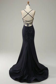 Sparkly Navy Spaghetti Straps Beaded Long Formal Dress with Slit