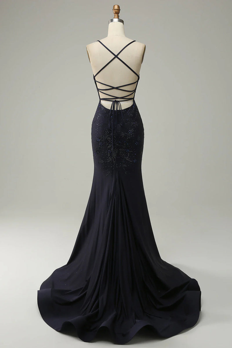 Load image into Gallery viewer, Sparkly Navy Spaghetti Straps Beaded Long Formal Dress with Slit