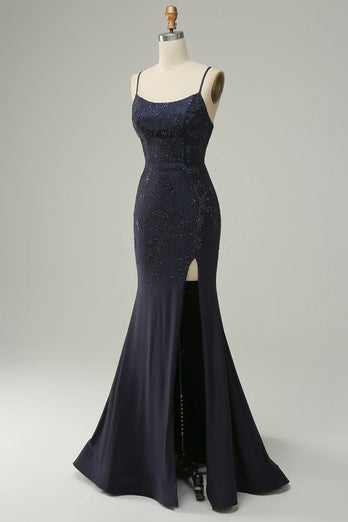 Sparkly Navy Spaghetti Straps Beaded Long Formal Dress with Slit