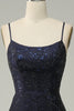 Load image into Gallery viewer, Sparkly Navy Spaghetti Straps Beaded Long Formal Dress with Slit