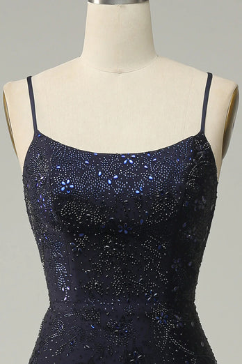 Sparkly Navy Spaghetti Straps Beaded Long Formal Dress with Slit