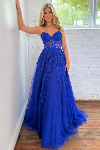 Blue Corset A-Line Tulle Long Formal Dress with Lace