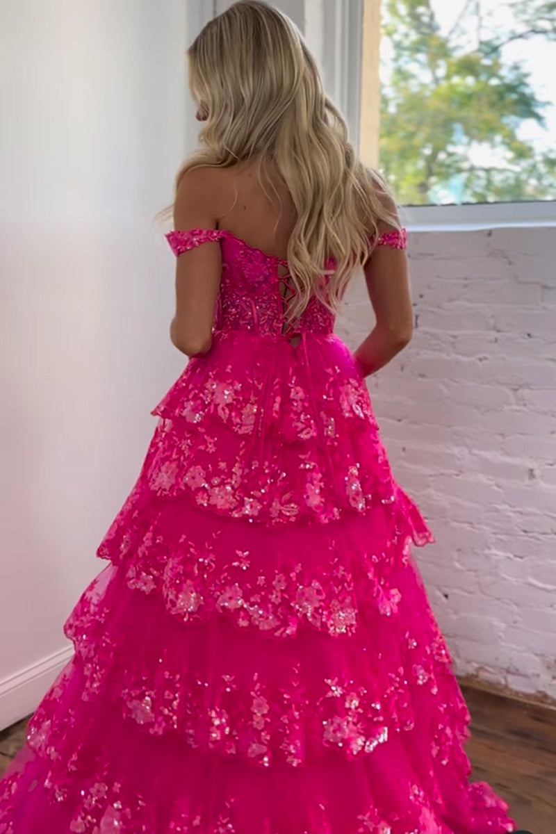 Load image into Gallery viewer, Glitter Hot Pink Corset Off the Shoulder Lace Long Formal Dress