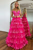 Load image into Gallery viewer, Glitter Hot Pink Corset Off the Shoulder Lace Long Formal Dress