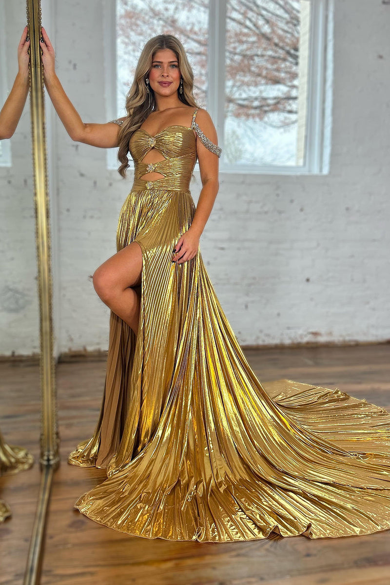 Load image into Gallery viewer, Sparkly Golden Cut Out Beaded A-Line Metallic Pleated Long Formal Dress with Slit