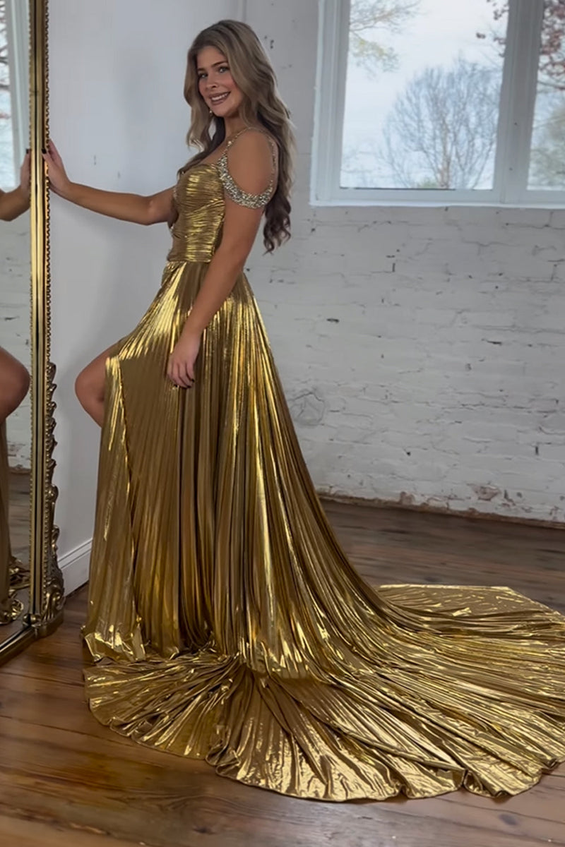 Load image into Gallery viewer, Sparkly Golden Cut Out Beaded A-Line Metallic Pleated Long Formal Dress with Slit