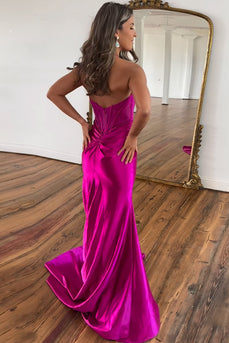 Hot Pink Mermaid Corset Long Satin Formal Dress with Slit