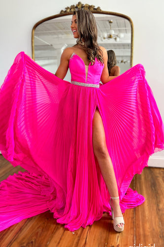 Sparkly Hot Pink Chiffon Pleated Long Formal Dress with Slit