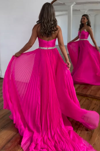 Sparkly Hot Pink Chiffon Pleated Long Formal Dress with Slit