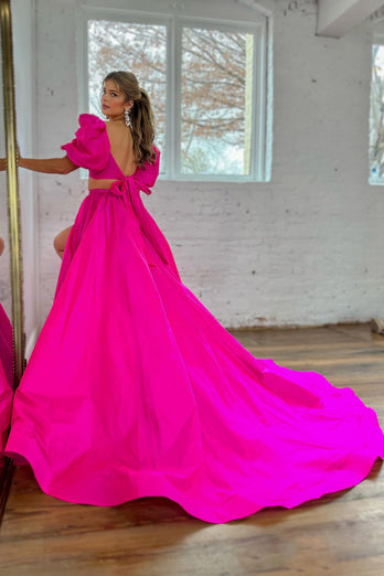 Hot Pink A-Line Short Sleeves Long Formal Dress with Slit