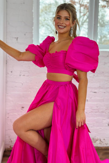 Hot Pink A-Line Short Sleeves Long Formal Dress with Slit