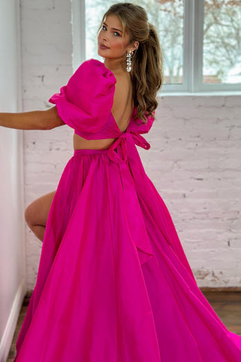 Hot Pink A-Line Short Sleeves Long Formal Dress with Slit