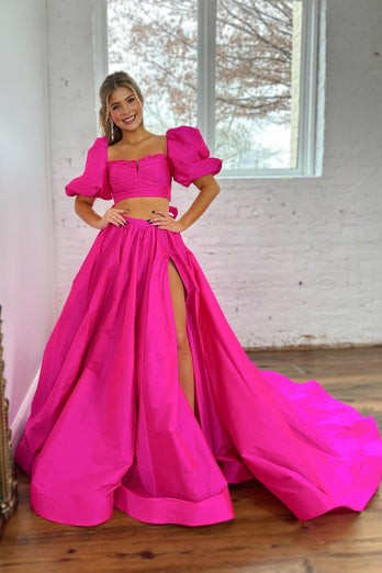 Hot Pink A-Line Short Sleeves Long Formal Dress with Slit