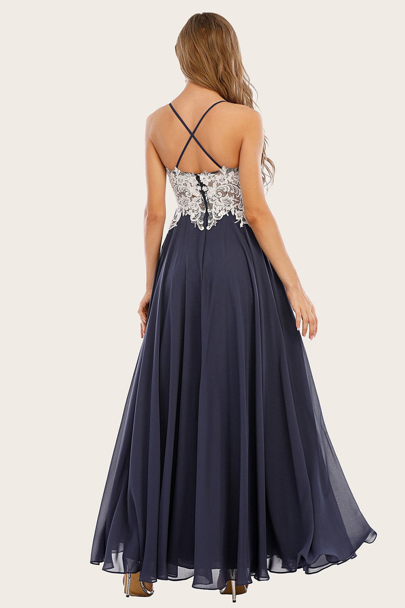 Load image into Gallery viewer, Dusty Blue Long Chiffon Formal Dress with Lace