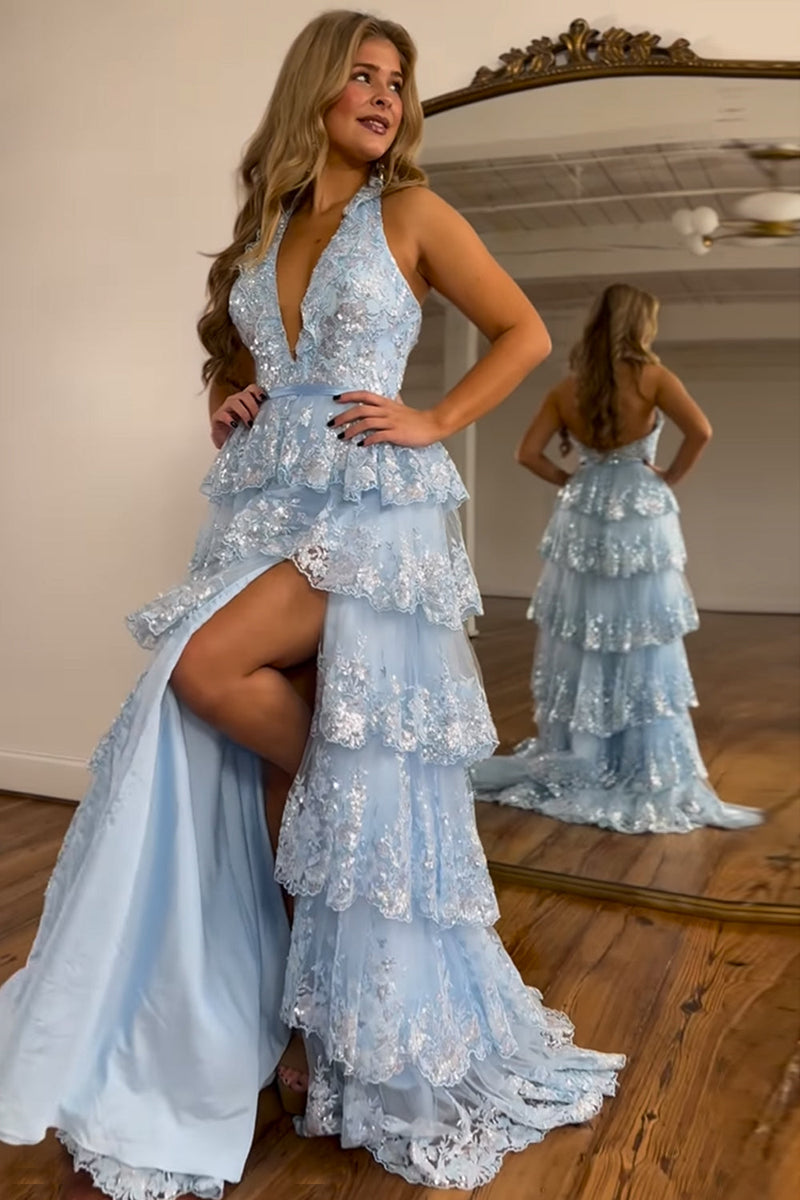 Load image into Gallery viewer, Sparkly Light Blue Halter Backless Lace Tiered Long Formal Dress with Slit