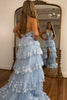 Load image into Gallery viewer, Sparkly Light Blue Halter Backless Lace Tiered Long Formal Dress with Slit