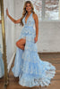 Load image into Gallery viewer, Sparkly Light Blue Halter Backless Lace Tiered Long Formal Dress with Slit