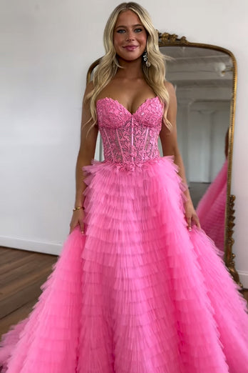 Pink Corset A-Line Sweetheart Tiered Long Formal Dress with Lace