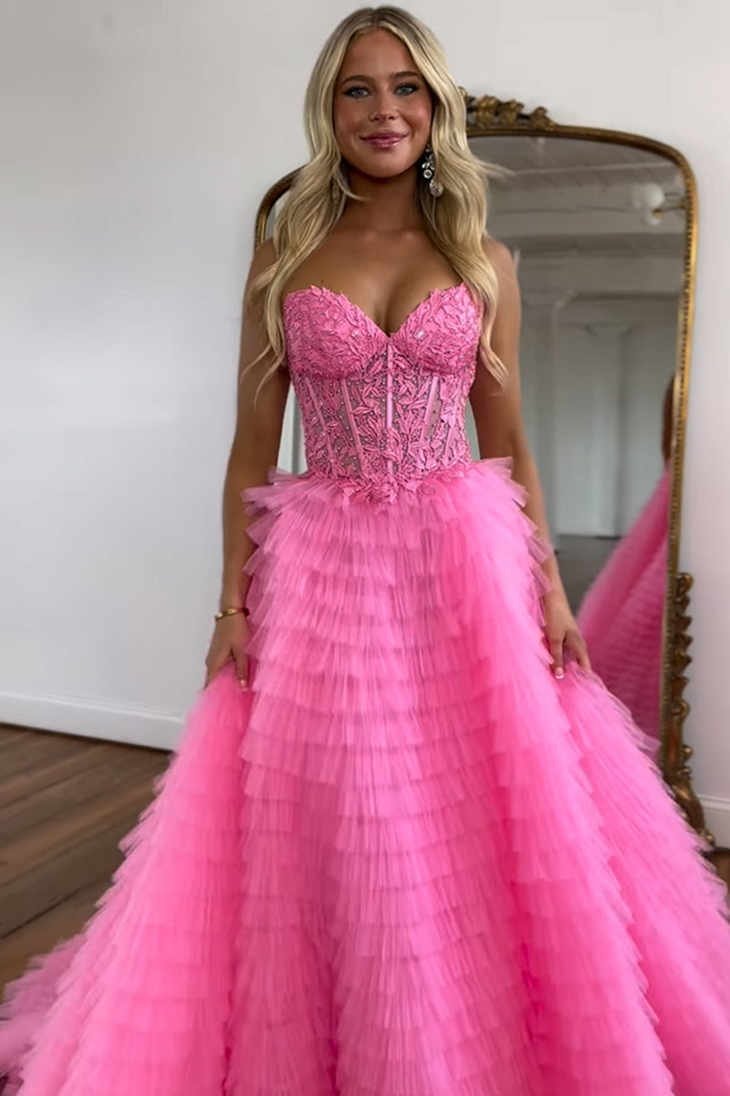 Load image into Gallery viewer, Pink Corset A-Line Sweetheart Tiered Long Formal Dress with Lace