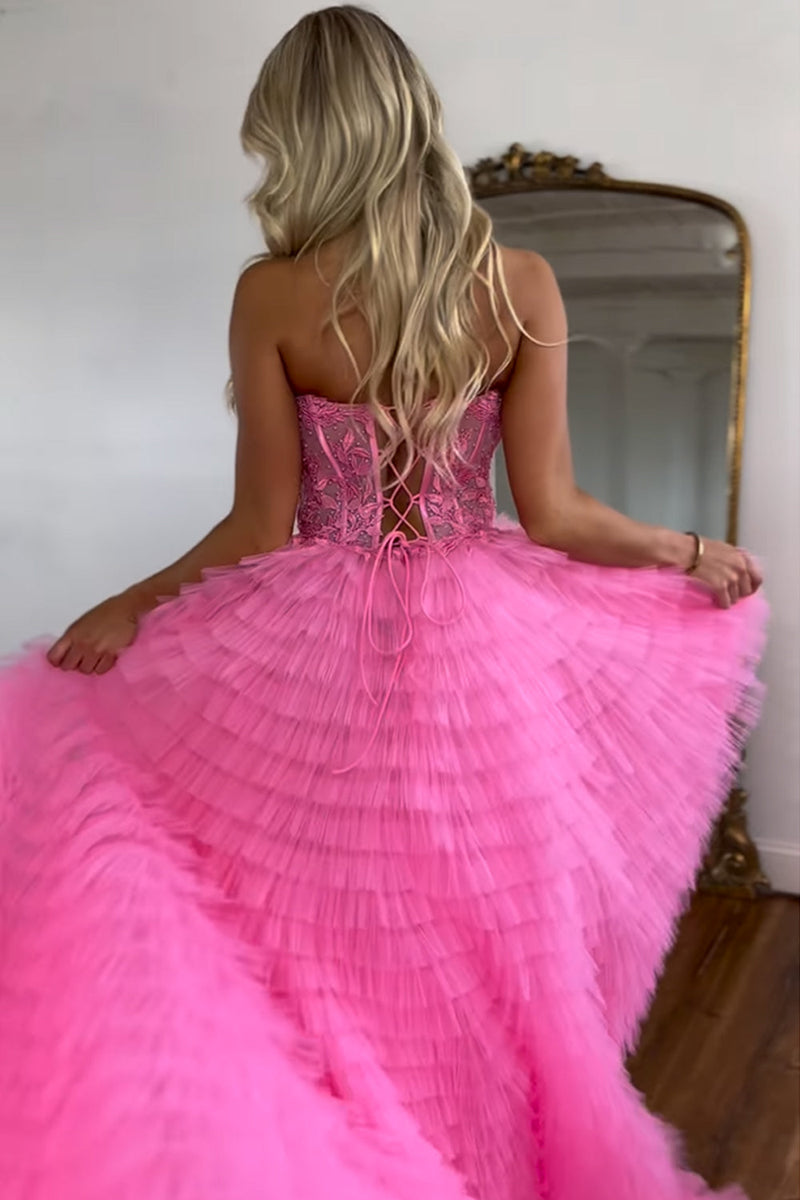 Load image into Gallery viewer, Pink Corset A-Line Sweetheart Tiered Long Formal Dress with Lace